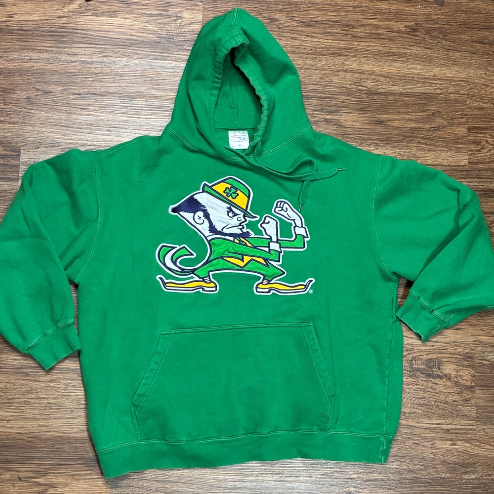 Vintage E5 Notre Dame Fighting Irish Embroidered Hoodie XL Leprechaun Green NCAA
